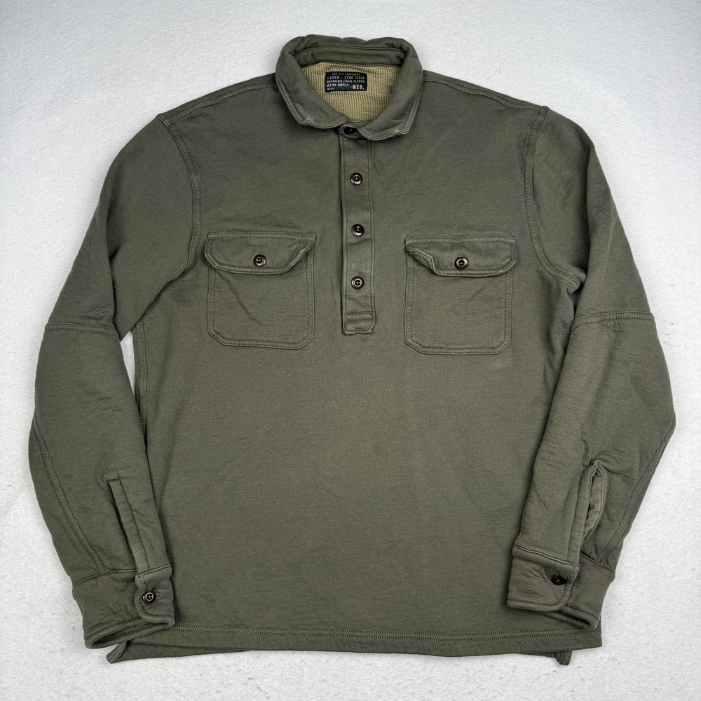 J Crew Sweater Mens Medium Green Henley Collar Thermal Knit Pockets Std Issue